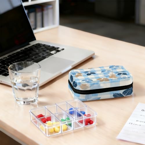 Travel Pill Organizer Blue Checkered Autumn Leaf Small Pill Case