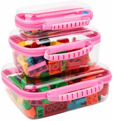 3 PCS Clear Zipper Pouches with Handle, Diaper Bag Organizer, Clear Makeup Bags Hardshell Toy Storage Bins with Zipper Toiletry Pouch Bag for Cosmetics Pencils Puzzles, Building Blocks(Pink)