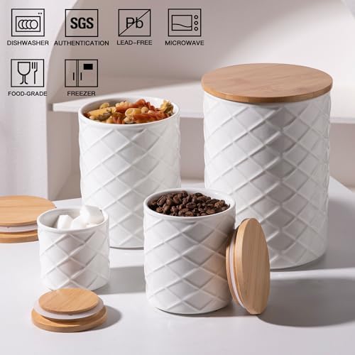 Sweejar Ceramic Canisters Sets for Kitchen Countertop, Relief Food Storage Jar with Bamboo Lid, Stackable Container for Flour, Coffee, Pasta, Cereal, Tea, Cookies, Sugar, Spices, Pack of 4 (White)