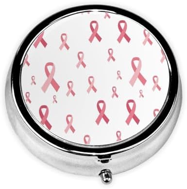 Round Pill Holder, Waterproof Organizer Case, Compact Travel Pill Box for Vitamins, Pocket Purse Use for Seniors, Breast Cancer Awareness Pink Ribbons White