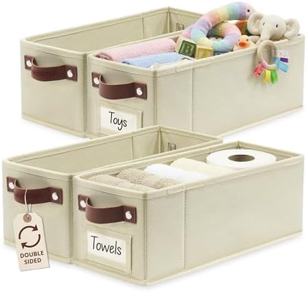 DECOMOMO Narrow Storage Bins, Small Basket with Handles (Beige, 4 Pack)