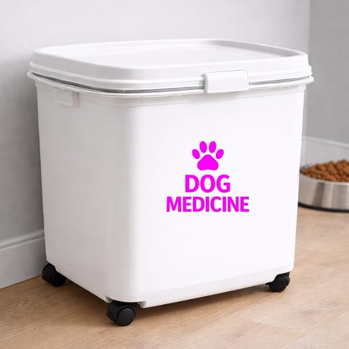 Dog Medicine Vinyl Decal – Waterproof Storage Label Sticker for Pet Supply Bin Organizer (Pink)