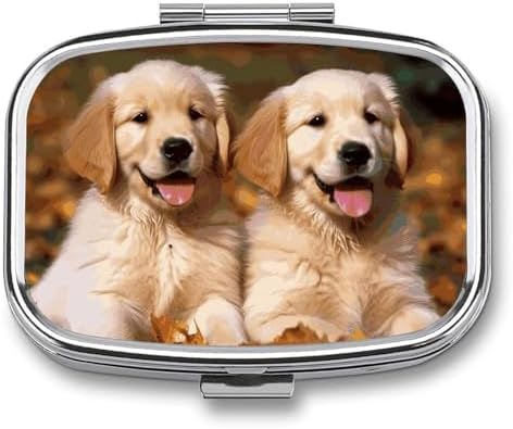 Golden Retriever Dogs Puppies Pets Pill Organizer with Mirror 2 Compartments Waterproof Pill Case for Purse Pocket Non-slip Grip Travel Medicine Organizer Container Box for Vitamin Fish Oil Supplement
