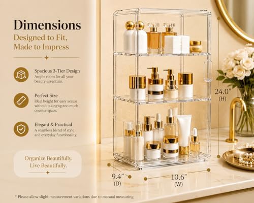 3-Tier Acrylic Storage Cabinet with Magnetic Doors, Clear Makeup Organizer for Bathroom Countertop, Skincare, Cosmetics, Perfume & Beauty Storage