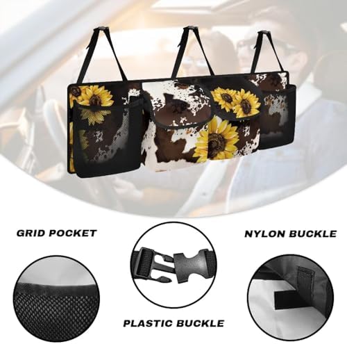 Dreaweet Sunflower Brown Cow Print Car Trunk Organizer for Sedan Collapsible Backseat Trunk Organizer Large Capacity Car Storage Bag with 4 Pocekt,Car Organizers and Storage Trunk for SUV Truck Van