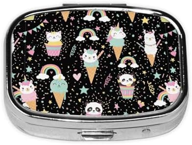 Stainless Steel Pill Box Jewelry-Sized Medicine Organizer Moisture-Proof Outdoor Adventure Gear, Ice Cream Animals Cat Panda Unicorns Colorful Polka Dots Black