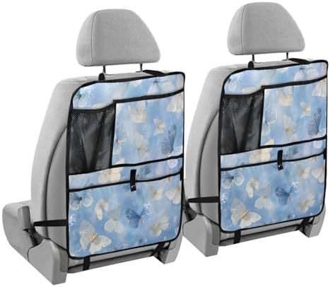 2 Pack Back Seat Car Organizer with Storage Pockets Kick Mats Back Seat Protector Hanging Car Organizer Automotive Seat Back Cover Organizers Sky Blue and White Butterflies
