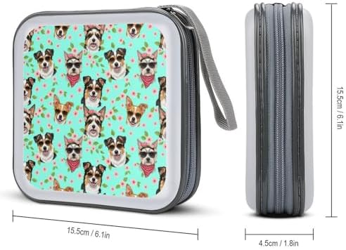 Portable CD/DVD Holder Dogs Flowers Floral, 40-Capacity Hard Case with Zipper, Protective Storage Binder for Music Movies Game Discs