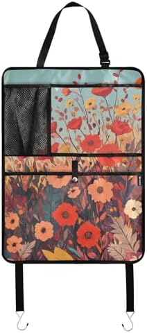 1 Pack Back Seat Car Organizer with Storage Pockets Kick Mats Back Seat Protector Hanging Car Organizer Automotive Seat Back Cover Organizers Autumn Poppy Flowers