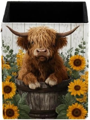 Highland Cow Pen Holder for Desk Decor, Rectangular PVC Leather Pencil Cup for Desk Pen Organizer, Makeup Brush Holder for School, Home, Office