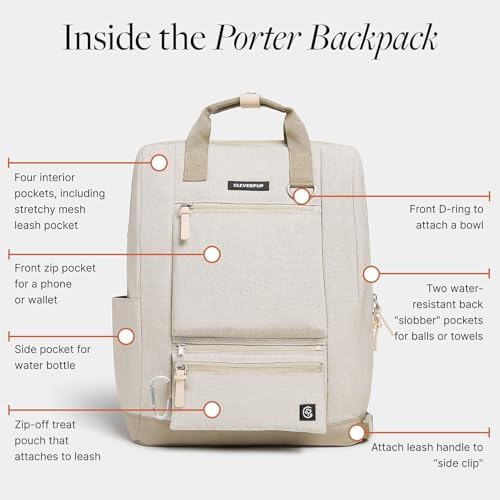 Cleverpup Porter 2-in-1 Dog Gear Travel Backpack - 10 Pockets, Sand