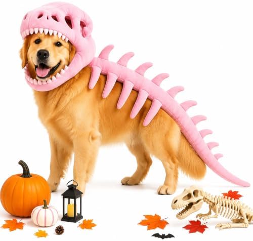 Pet Dinosaur Costume, 31.4inch Halloween 3D Skeleton Design Costume for Medium to Large Dogs, Realistic Dino Outfit for Pet Cosplay Party Family, Round and Chubby Body,Adorably Silly Pink