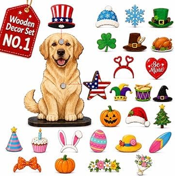 Interchangeable Seasonal Animal Wooden Decor Set | Magnetic Holiday Cat Dog Desk Sign Animals Figurines Tabletop Ornament to Dress up, Pet Magnetic Accessories with Hats(#G)