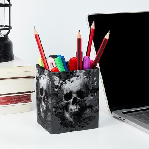 Black Skull Pen Holder for Desk Decor, Rectangular PVC Leather Pencil Cup for Desk Pen Organizer, Makeup Brush Holder for School, Home, Office