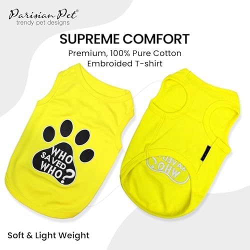 Parisian Pet Dog Shirt – 100% Cotton Shirts for Small Dogs - Sleeveless Yellow Puppy Vest with Paw Print – Breathable Pet Apparel – Pullover Summer Dog Clothes - Stretchy Funny T Shirts for Dogs