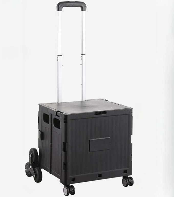 Collapsible Shopping Box Trolley on Wheels with Lid,75L Large Capacity Folding Portable Rolling Crate Handcart with Telescopic Handle for Camping (Black,Medium Eight Wheel)