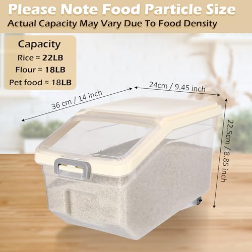Sunnyray 4 Pcs Rice Storage Containers Bulk Flour Sugar Container Wheels Measuring Cups Set Airtight Pet Dog Cat Birds Food Bin Grain Cereal Organizer Box for Dry Baking(Beige,22 lb)