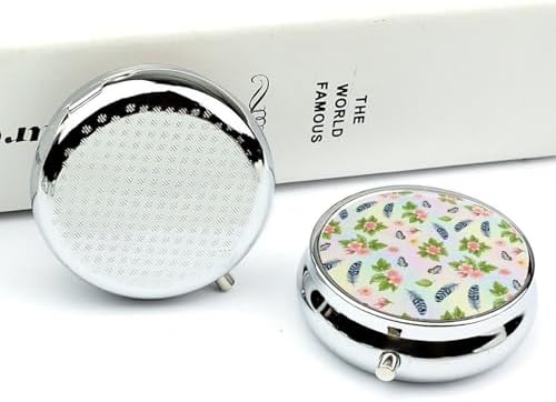 Round Daily Use Pill Box Cherry Branch Pink Blossom Feather Butterflies Floral 3 Compartment, Portable Metal Pill Case for Purse Vitamin Fish Oil