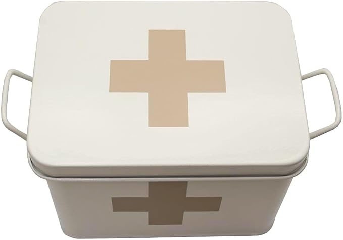 Lassos Boutique Retro Enameled First Aid Box for Medicine Storage and Home Decor with Lid and Removable Tray