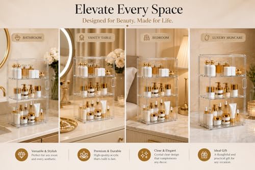 3-Tier Acrylic Storage Cabinet with Magnetic Doors, Clear Makeup Organizer for Bathroom Countertop, Skincare, Cosmetics, Perfume & Beauty Storage