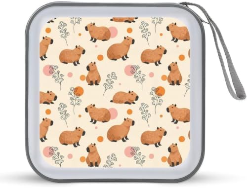 DVD Case 40 Capacity Floral Capybaras CD Holder Organizer Zipper Wallet | Disc Collection Storage Bag for Music Movie Game, Floral Capybaras Hard Plastic, Hand Strap
