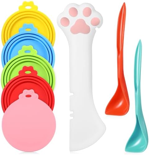 Uiifan 8 Pcs Cat Food Can Covers Lids Set, Silicone Pet Food Can Lids with Multi-Function Cat Foods Spoon and Opener, Silicone Wet Foods Spoon for Cats and Dogs(Multicolor)