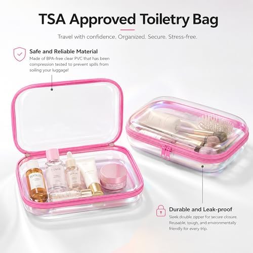 2-Pack Clear Hardshell Zipper Case, 1.2mm Thicken Crush-Proof Travel Toiletries Bag, TSA Approved Portable Zipper Pouches, Rigid Toiletry & Diaper Bag Organizer for Tech, Toys & Art Supplies(Pink)