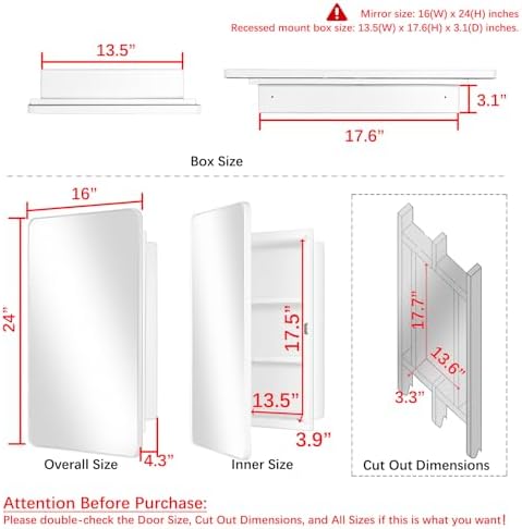 White 16x24 Bath Medicine Cabinet, Mirror Door, Recessed/Surface Wall Mount | White Mirrored Medicine Cabinet with Two Adjustable Plastic Shelves, Reversible Opening And Hardware; Arrives Pre-Assembled