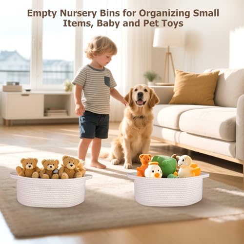 Small Woven Basket, 12" x 8" x 5", Gift Basket Empty with Ribbon and Gift Bag, Rope Basket for Baby Shower, Holiday Presents, Storage Basket with Handles for Nursery, Pet Toy Basket,White