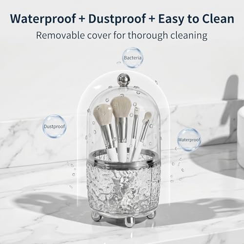 360°Rotating Toothbrush Holder with Cover, Dustproof Electric Toothbrush and Toothpaste Holder for Bathroom Countertop, 3 Slots Makeup Brush Organizer & Bathroom Storage (Transparent Silver)