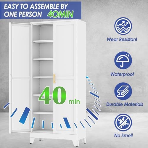 75" Metal Garage Storage Cabinet with 2 Doors and 5 Adjustable Shelves,Metal Storage Cabinets,Steel Tool Cabinets for Home,Office,Garage,Warehouse, Widen (White, 75''H x 32''W x 16''D-B)