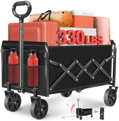 Folding Wagon Cart with All-Terrain Wheels – Heavy Duty Collapsible Utility Wagon for Grocery, Sports, Garden, Camping, Shopping (Black 330LBS)