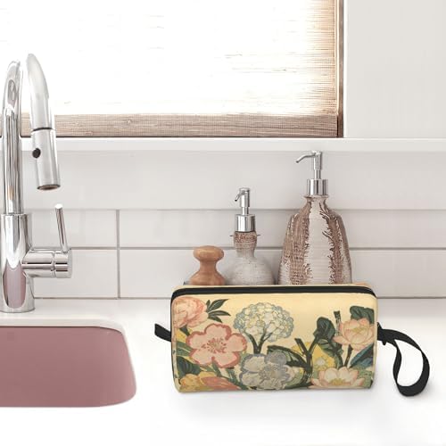 Vintage Floral Makeup Bag for Women with Wrist Strap | Durable 600D Oxford Fabric Cosmetic Organizer,Compact Travel Pouch with Handle for Gym & Daily Use