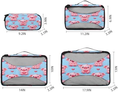 Kawaii Pig 4 Set Packing Cubes Luggage Organizer Bags for Travel Accessories and Essentials, Cartoon Pig