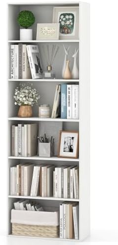 Giantex 6-Tier Bookcase, 70" Tall Wooden Bookshelf, Freestanding Storage Organizer w/Open Shelves, Anti-Tipping Kits, Modern Floor Standing Display Shelves for Living Room, Bedroom (1,White)