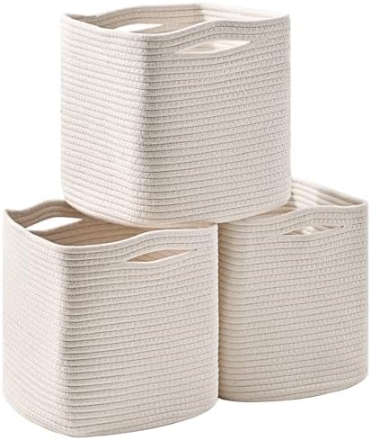 ICERZCZ 11 Inch Cube Storage Bins, Organizer Bins, Woven Cotton Rope Baskets for Storage, Storage Baskets for Organizing Shelves, White Basket for Toys, Off White (Pack of 3)