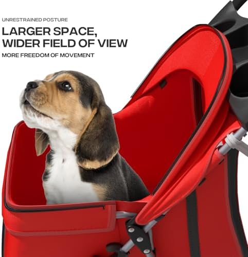 Foldable 3-Wheel Pet Stroller for Small/Medium Dogs & Cats, Red | Storage Basket & Cup Holder, Breathable Mesh Cover, Lightweight and Durable, for Small to Medium Pets, up to 33 lbs
