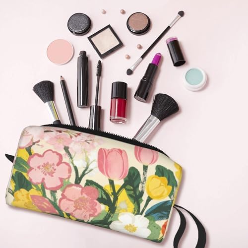 Spring Floral Bouquet Makeup Bag for Women with Wrist Strap | Durable 600D Oxford Fabric Cosmetic Organizer,Compact Travel Pouch with Handle for Gym & Daily Use