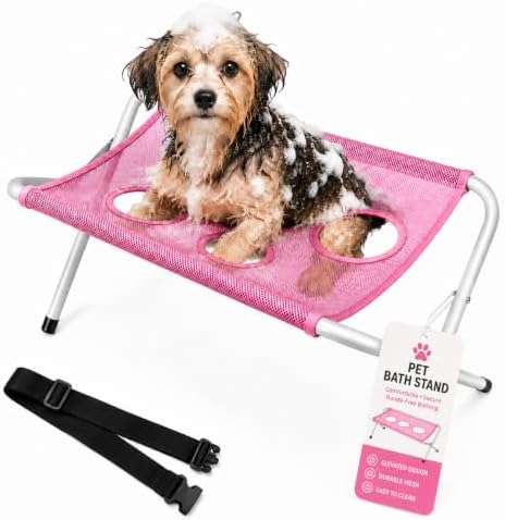 Foldable Pet Bathing Stand, Dog Bath Sling, Pet Hammock for Small Dogs (Pink) | Portable Dog Washing Hammock | Foldable Grooming Holder | Bathing Support for Small Dogs