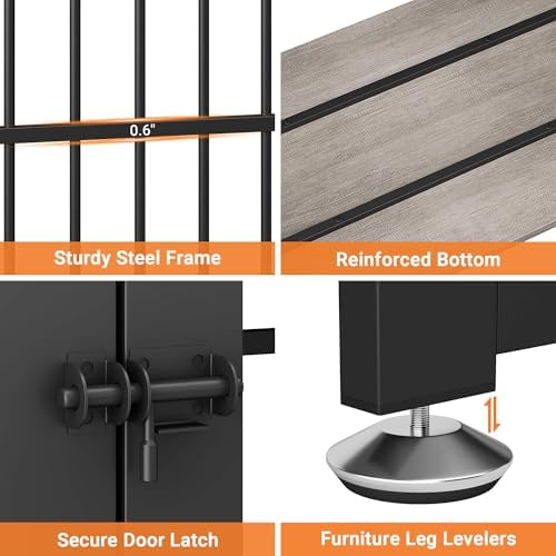 YaFiti 37.8" Dog Crate Furniture, Wooden Dog Kennel with Bowls, Grey | Adjustable Feeder, Name Tag, for Small/Medium Dogs, Chew-Resistant, Heavy Duty, Side End Table, Decorative Pet Cage