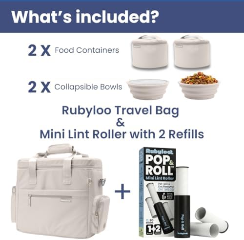 Rubyloo Mini Lint Roller Bundle Travel Size Pet Hair Remover with Retractable Cover & Beige Dog Travel Bag with Bowls Food Containers for Trips Essentials Gift Set