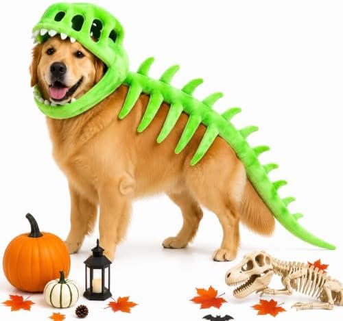 Pet Dinosaur Costume, 31.4inch Halloween 3D Skeleton Design Costume for Medium to Large Dogs, Realistic Dino Outfit for Pet Cosplay Party Family, Round and Chubby Body,Adorably Silly Green