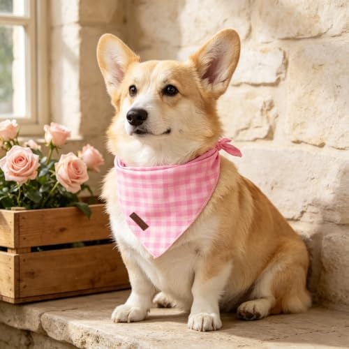 Pink Checkered Dog Bandana, Spring Summer Pink Plaid Puppy Bandana for Girl Female Dogs, Soft Cotton Pet Triangle Bid Scarf Kerchief for Girl Boy Dogs or Cats