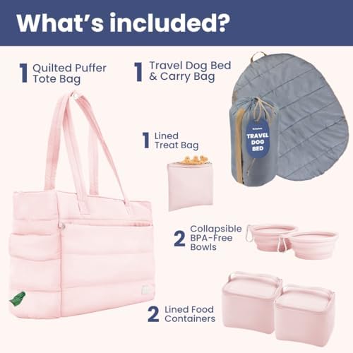 Rubyloo Dog Mom Bundle - Puffer Tote with Storage Containers (Pink) and Foldable Travel Bed (Foggy Trail Grey) - Travel Bag and Cozy Mat Set