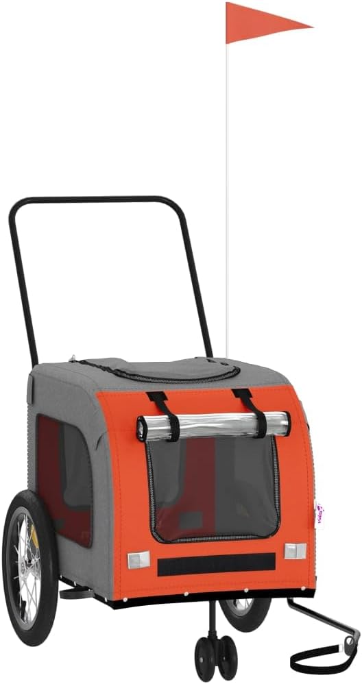 Pet Bike Trailer Orange and Gray Oxford Fabric Dog Bicycle Trailer with Iron Frame, 3-Wheel Pet Cargo Carrier for Small Dogs and Groceries, Includes Safety Flag and Reflectors