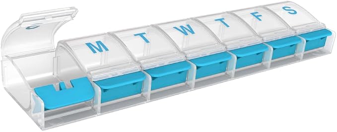 Ezy Dose Weekly (7-Day) Pill Organizer, X-Large Medicine Case, Blue/Clear | Daily Vitamin & Supplement Planner, Spacious Push-Button Compartments, Convenient & Easy to Use, Travel-Friendly, BPA-Free
