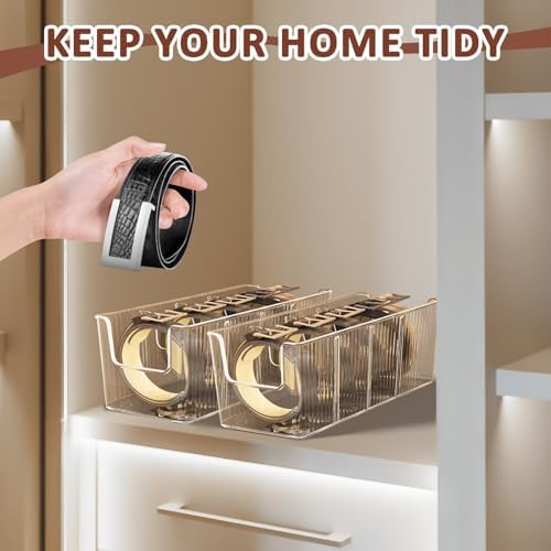 2 Pieces Clear PET Belt Organizer with Removable Dividers, 4 Compartments Adjustable Belt Drawer Organizer, Multi-Purpose Stackable Tie Storage Box for Purse, Underwear, Sock and Closet