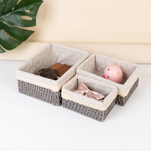 Wicker Baskets for Organizing,Natural Paper Rope Large Small Basket Set with Liner,Hand Woven Pantry Organizer & Storage for Women Girls Bathroom Living Room School Desk Shelves Décor(3 Pack Grey)
