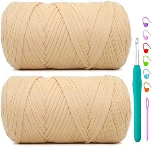 2 Pack Tshirt Yarn for Crochet,Khaki Brown T Shirt Soft Elastic Fabric Chunky Thick T-Shirt Crochet Yarn for Crocheting Knitting Beginner Hand Knitting Bag/DIY Craft/Home Decor 2 * 400G-Light Khaki