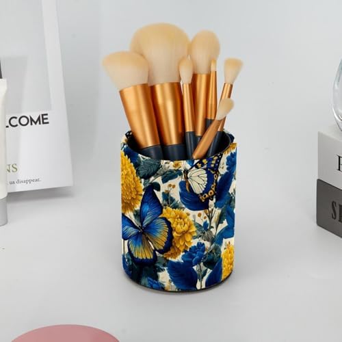 Faux Leather Pen Holder for Desk, Pencil Organizer Butterfly Pen Cup Desk Decor Makeup Brush Holder Storage for Office Home